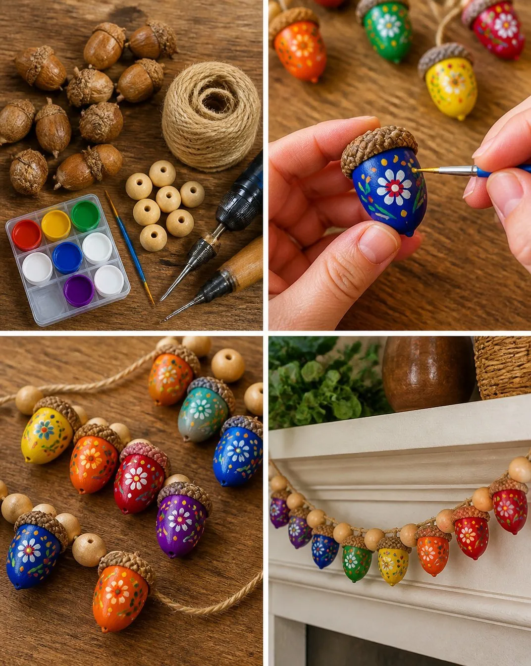Handmade Rainbow Acorn Folk Art Garland for Home Decor