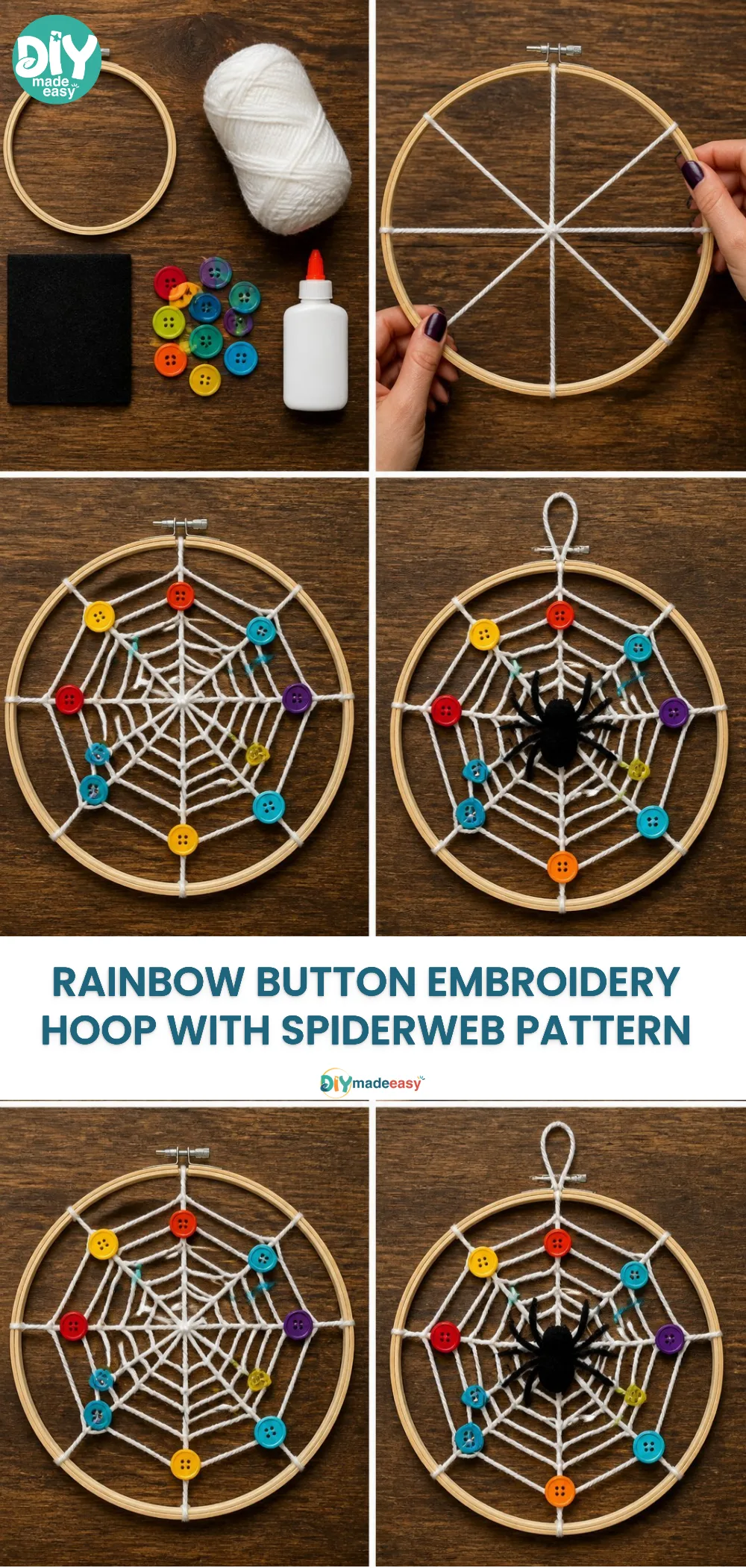 Rainbow Button Embroidery Hoop with Spiderweb Pattern