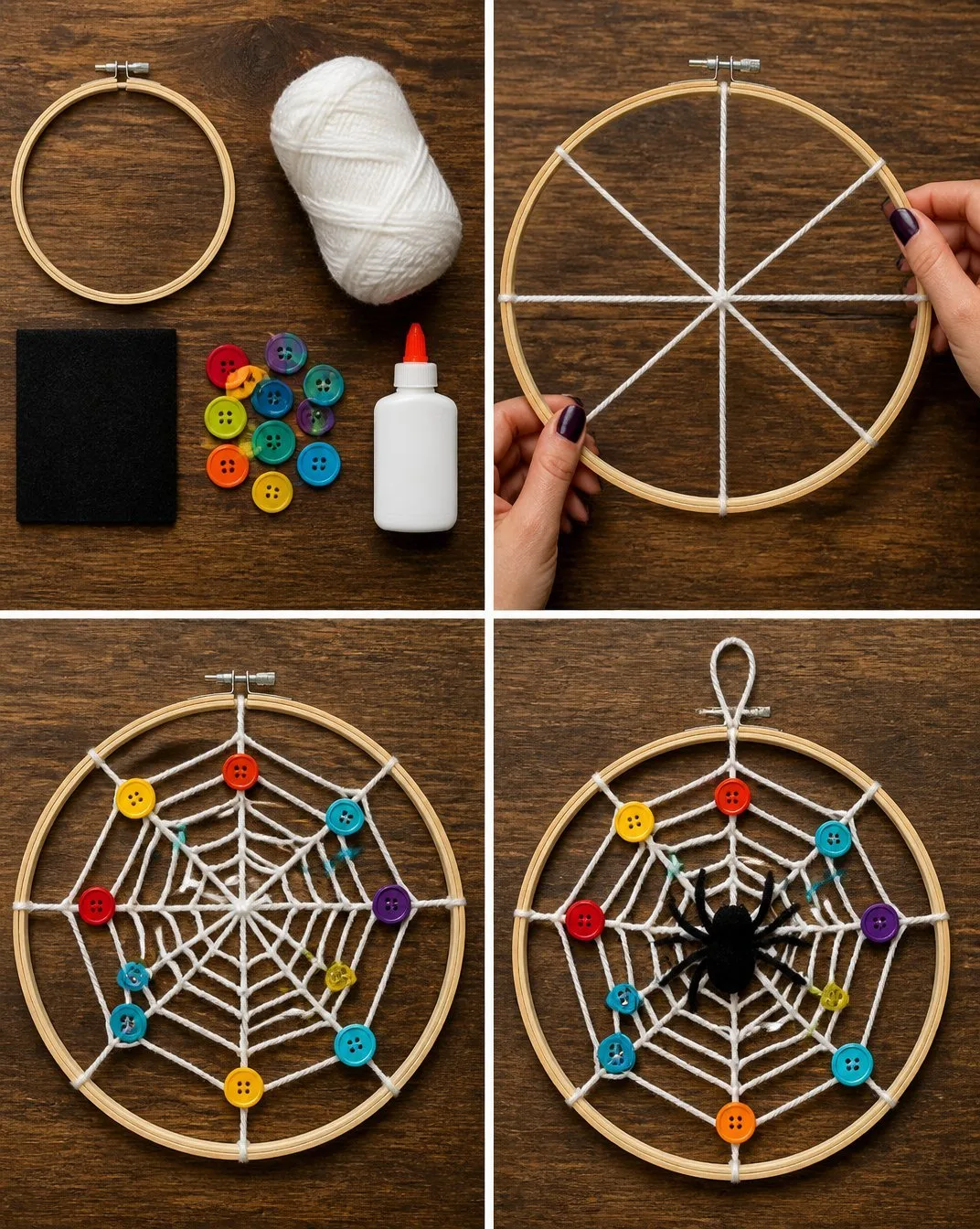 Rainbow Button Embroidery Hoop with Spiderweb Design