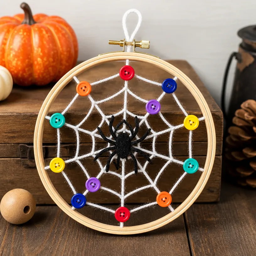 Rainbow Button Embroidery Hoop with Spiderweb Design