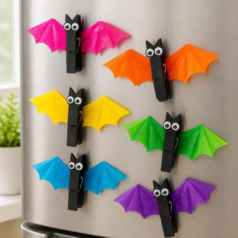 Colorful Rainbow Clothespin Bat fridge magnets designed for artistic home decor.
