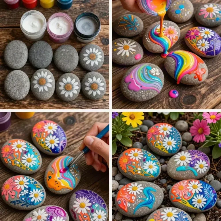 A vibrant display of rainbow-colored rocks in a flower garden