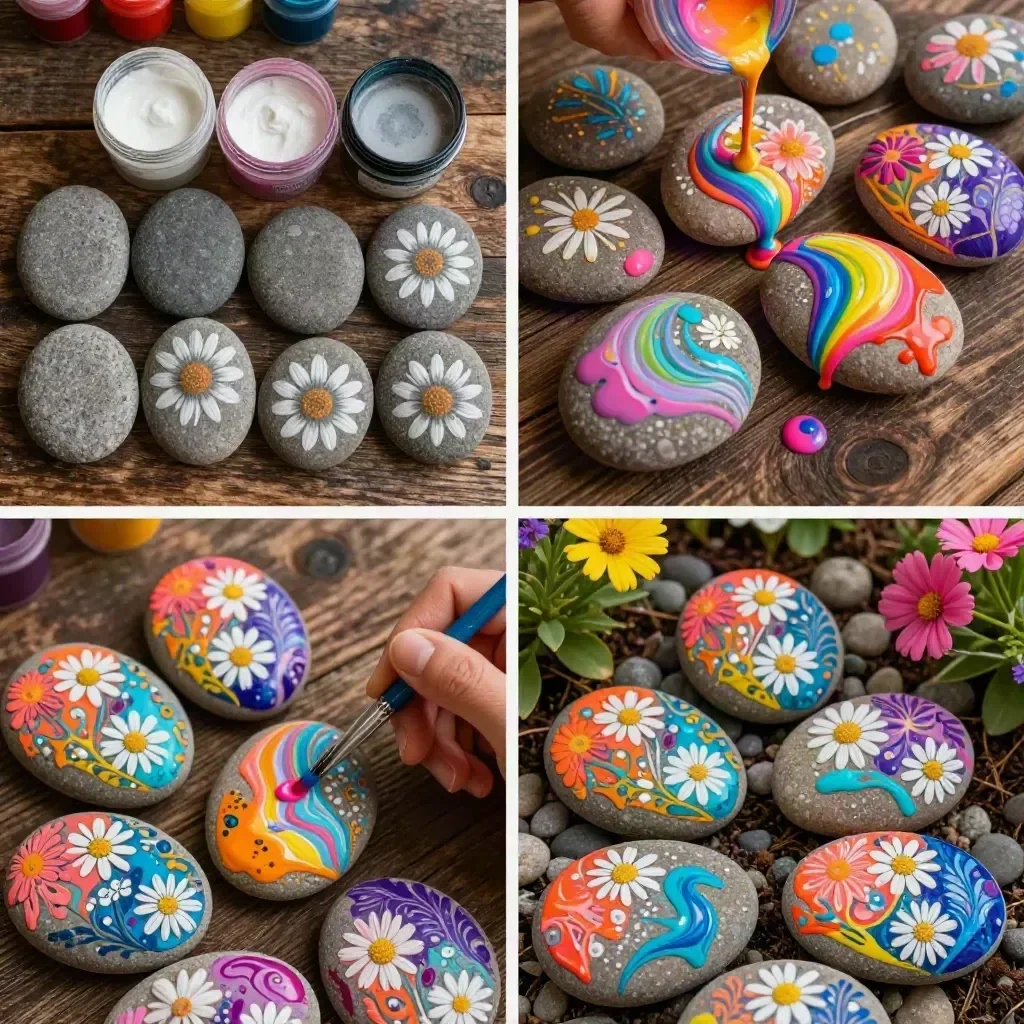 A vibrant display of rainbow-colored rocks in a flower garden