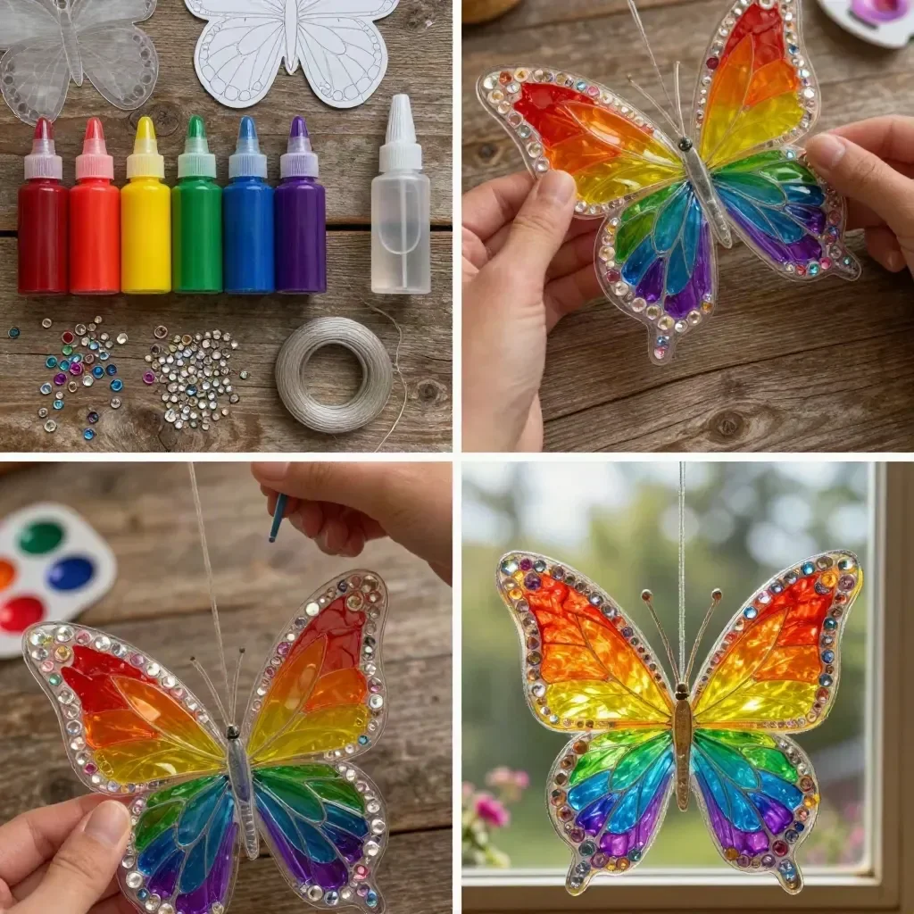 Rainbow Crystal Butterfly Sun Catcher reflecting colorful light in a window