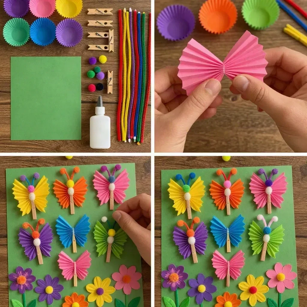 Colorful butterfly garden made with rainbow cupcake liners attracting butterflies
