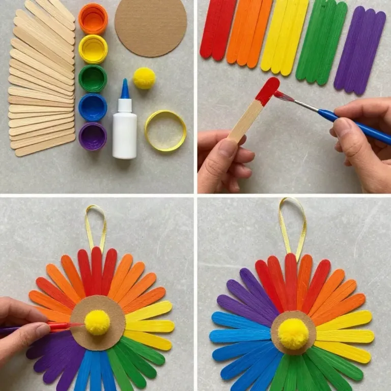 Kids crafting a rainbow flower wheel with popsicle sticks for a colorful project.