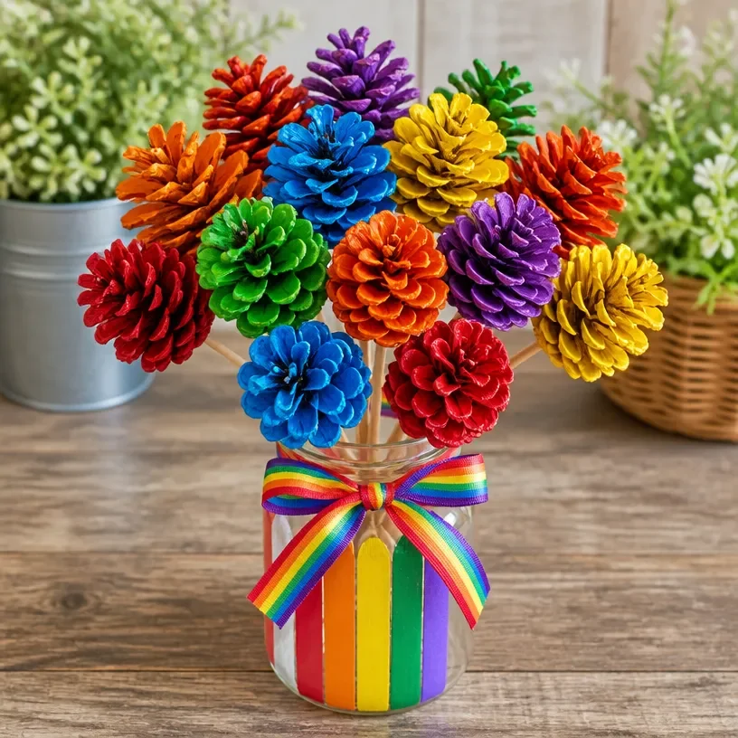 A colorful floral arrangement featuring pinecones and vibrant flowers.