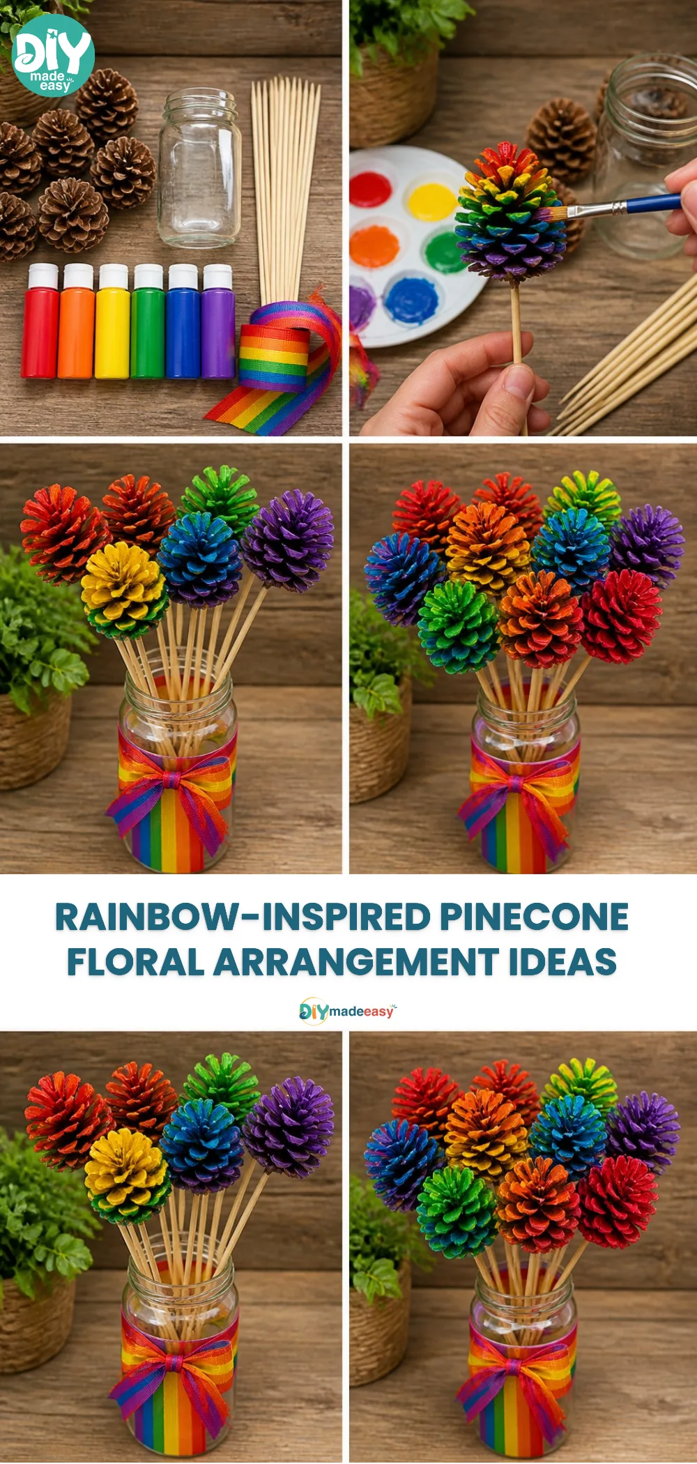 Rainbow-Inspired Pinecone Floral Arrangement Ideas