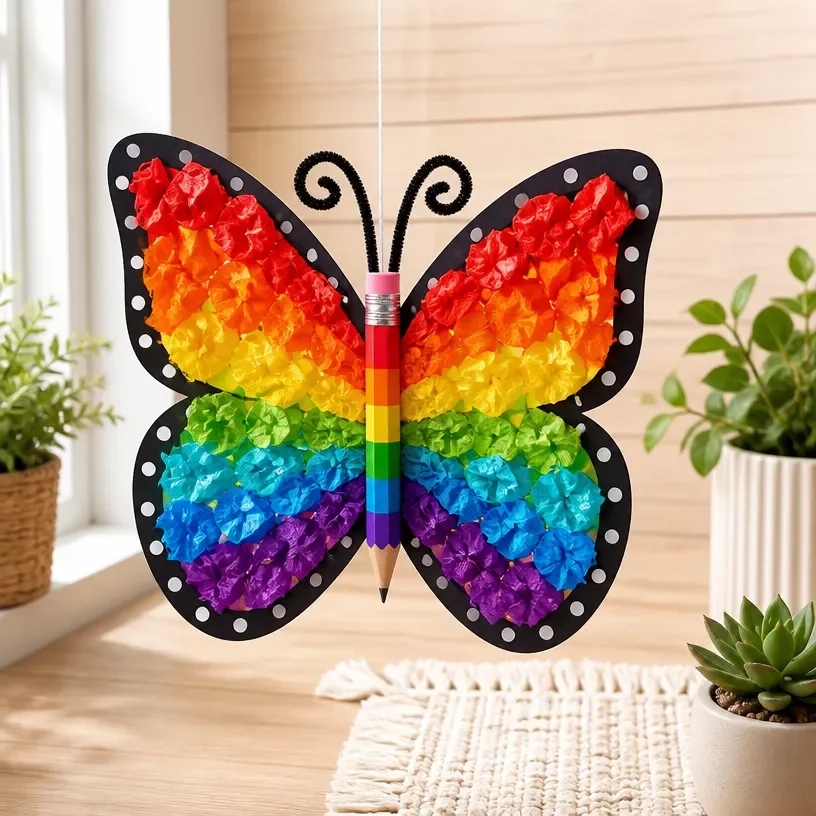 Rainbow Pencil Butterfly Suncatcher kids' craft project