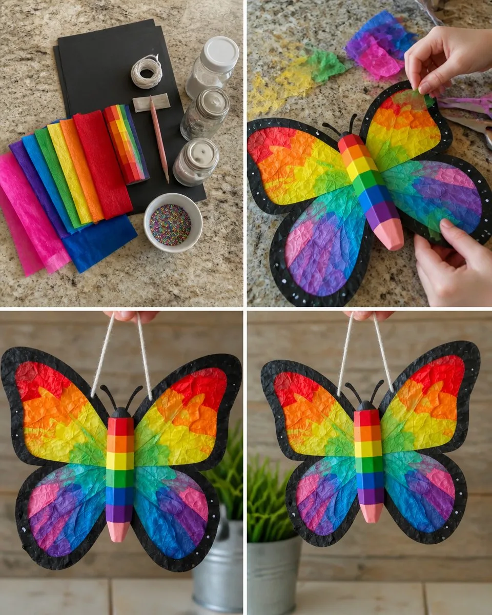 Rainbow Pencil Butterfly Suncatcher - First Day Craft Idea