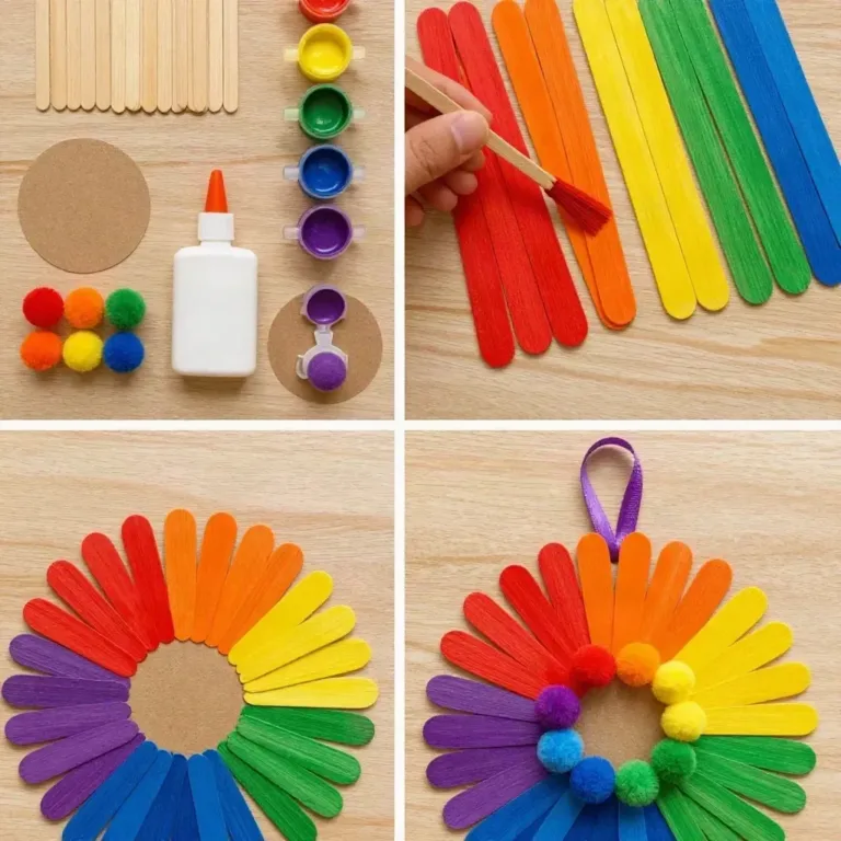 Colorful rainbow popsicle stick daisy wheel craft for kids