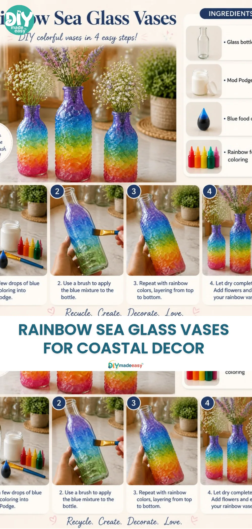 Rainbow Sea Glass Vases for Coastal Decor