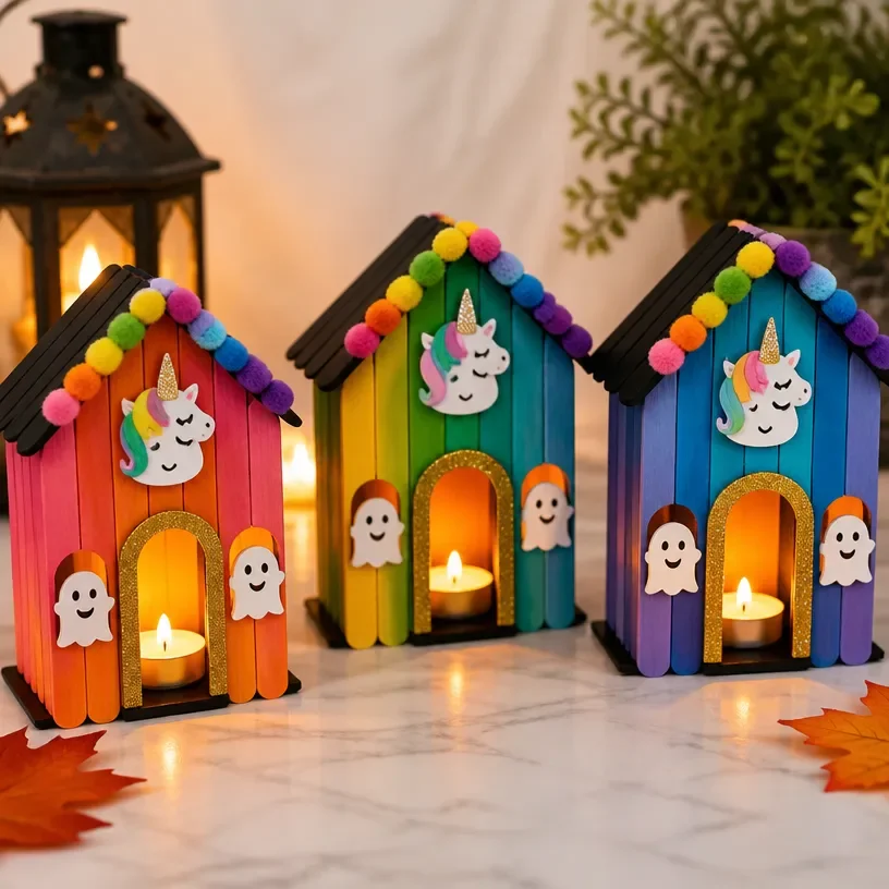 Rainbow Unicorn Haunted House Village Miniatures for DIY Halloween decor