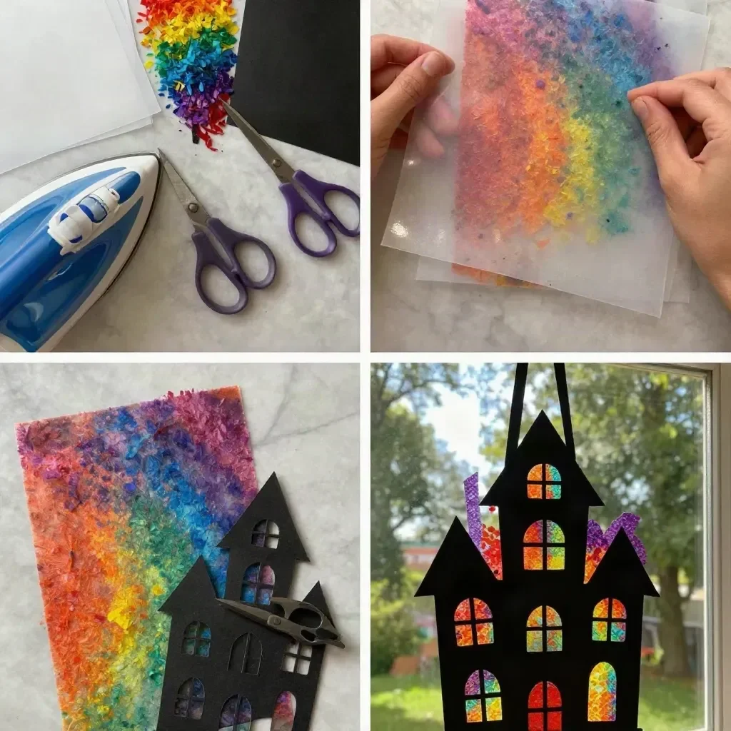 Spooky House Rainbow Suncatcher made with melted crayons for vibrant colors