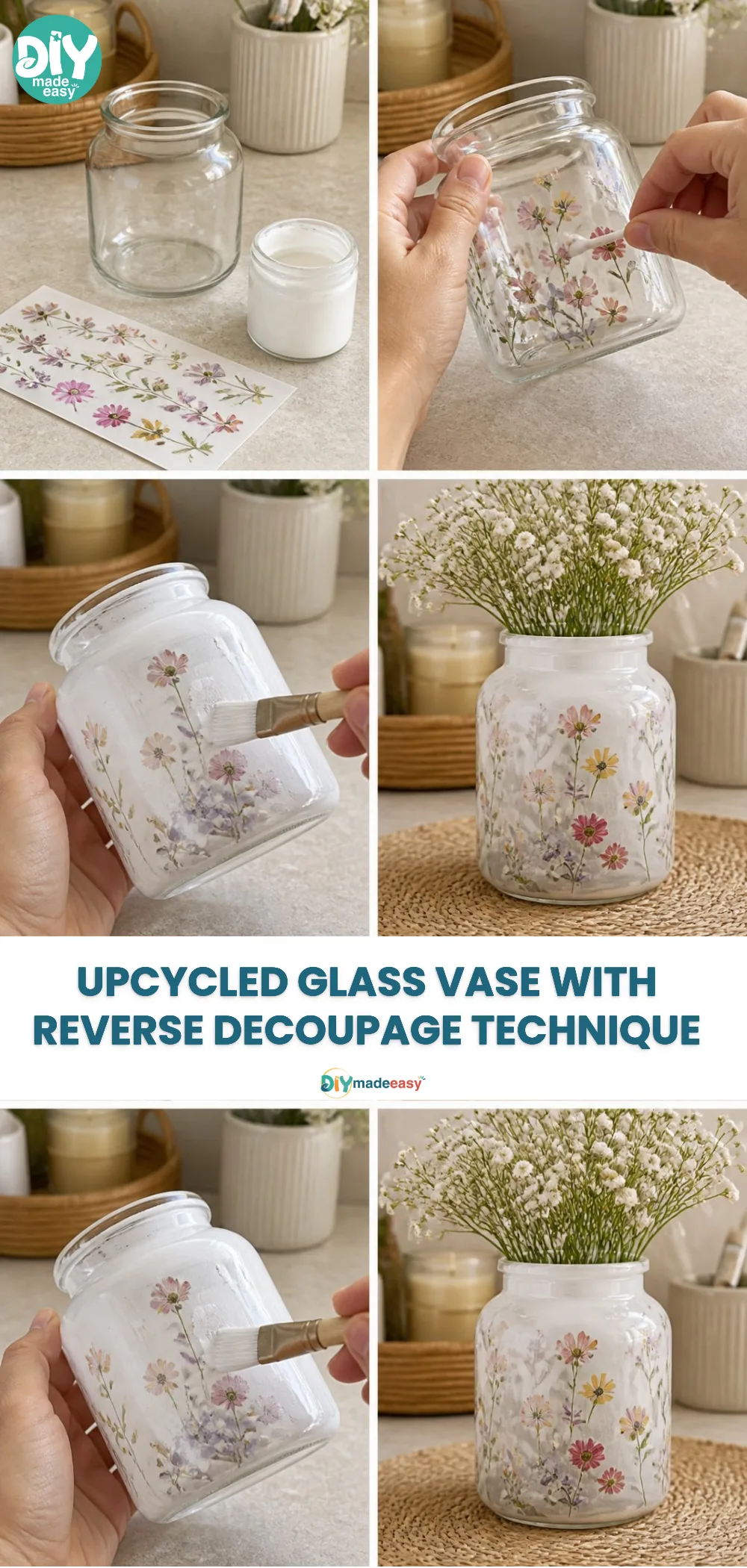 Upcycled Glass Vase with Reverse Decoupage Technique