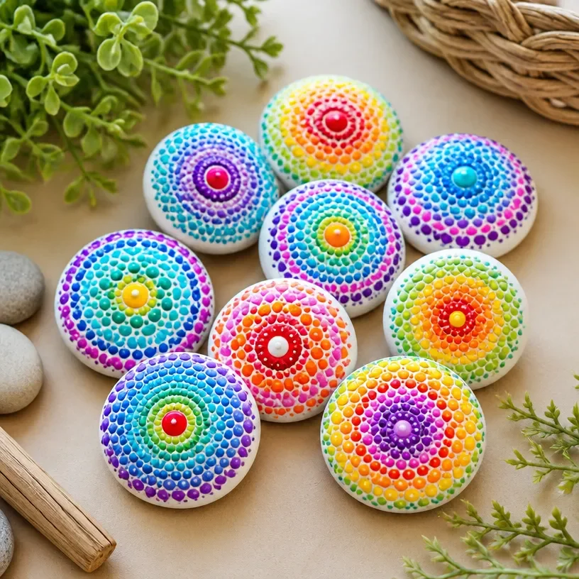 Colorful mandala stones ideal for jewelry crafting and meditation purposes.