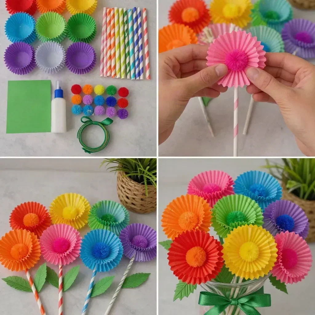 Vibrant Rainbow Dahlia Bouquet with colorful cupcake-liner blooms