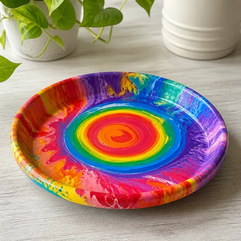 Vibrant rainbow pour-paint terracotta plant saucer for plant display