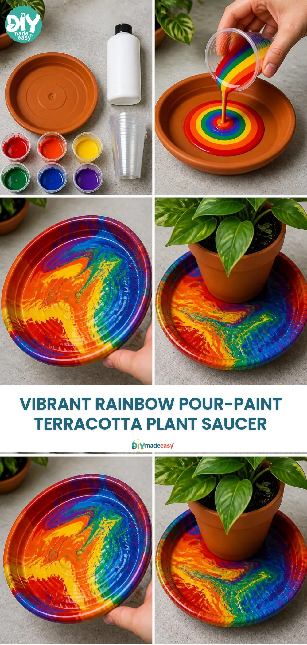Vibrant Rainbow Pour-Paint Terracotta Plant Saucer