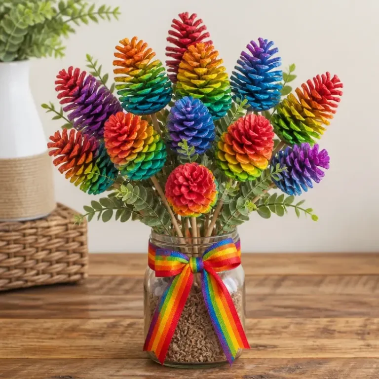 Colorful rainbow pinecone arrangement for home decoration