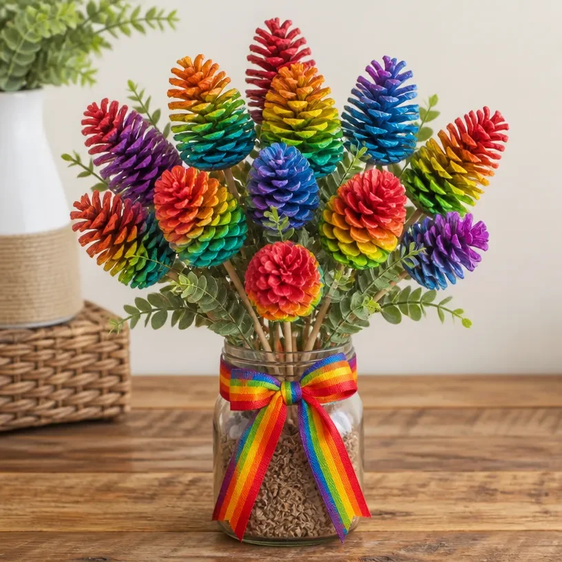 Colorful rainbow pinecone arrangement for home decoration