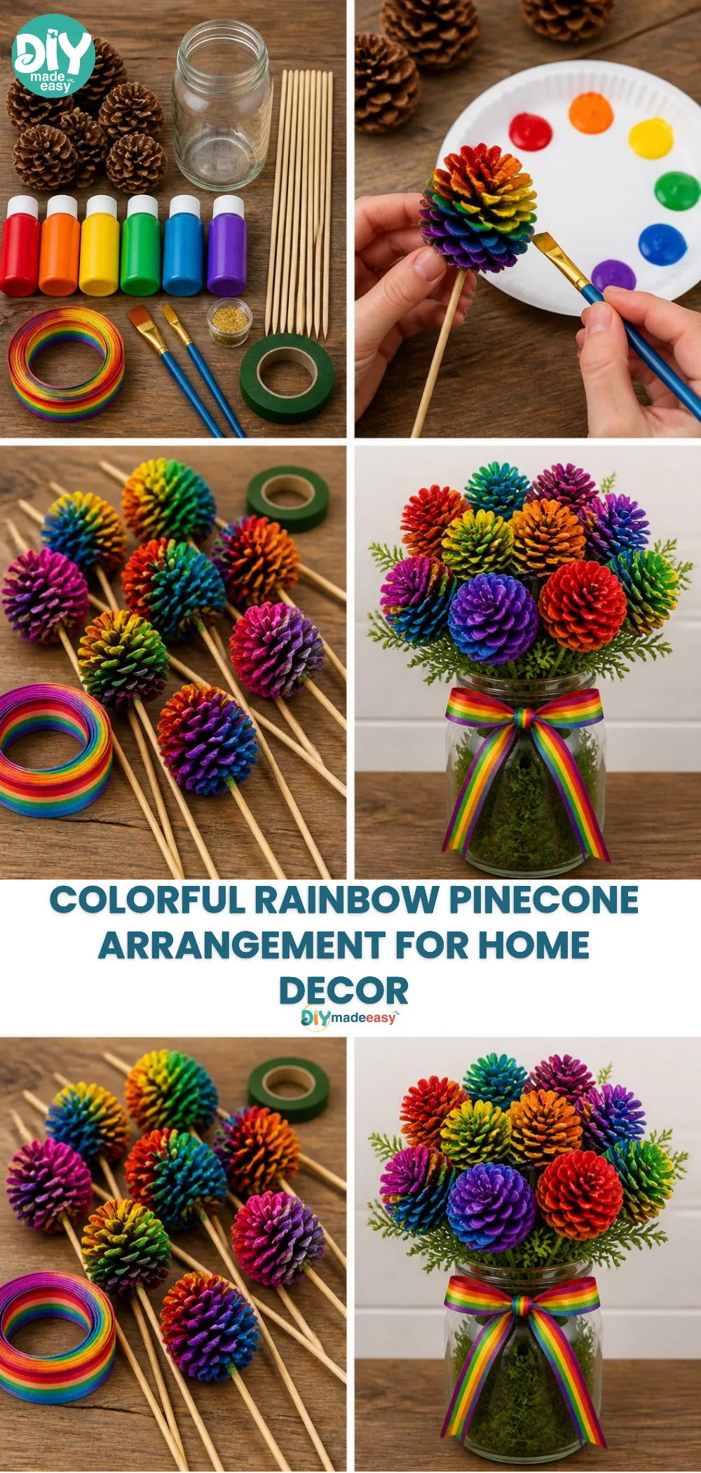 Colorful Rainbow Pinecone Arrangement for Home Decor