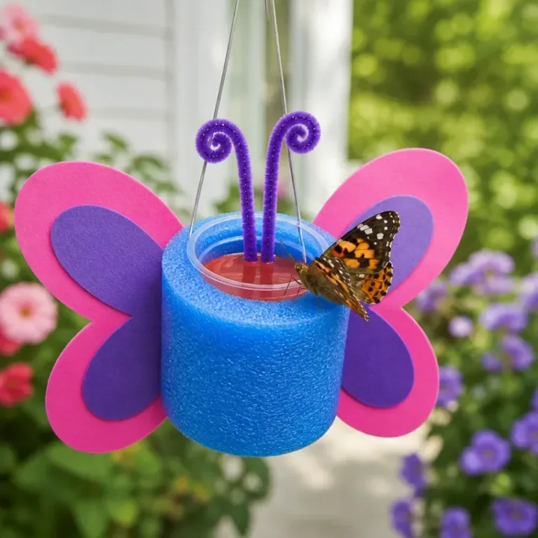 DIY butterfly feeder made from a pool noodle, attracting butterflies to a garden