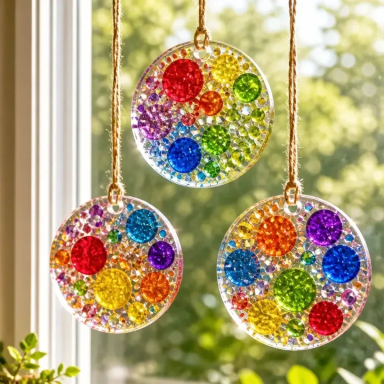 Home 24 Colorful DIY glass suncatchers hanging in a sunlit window.