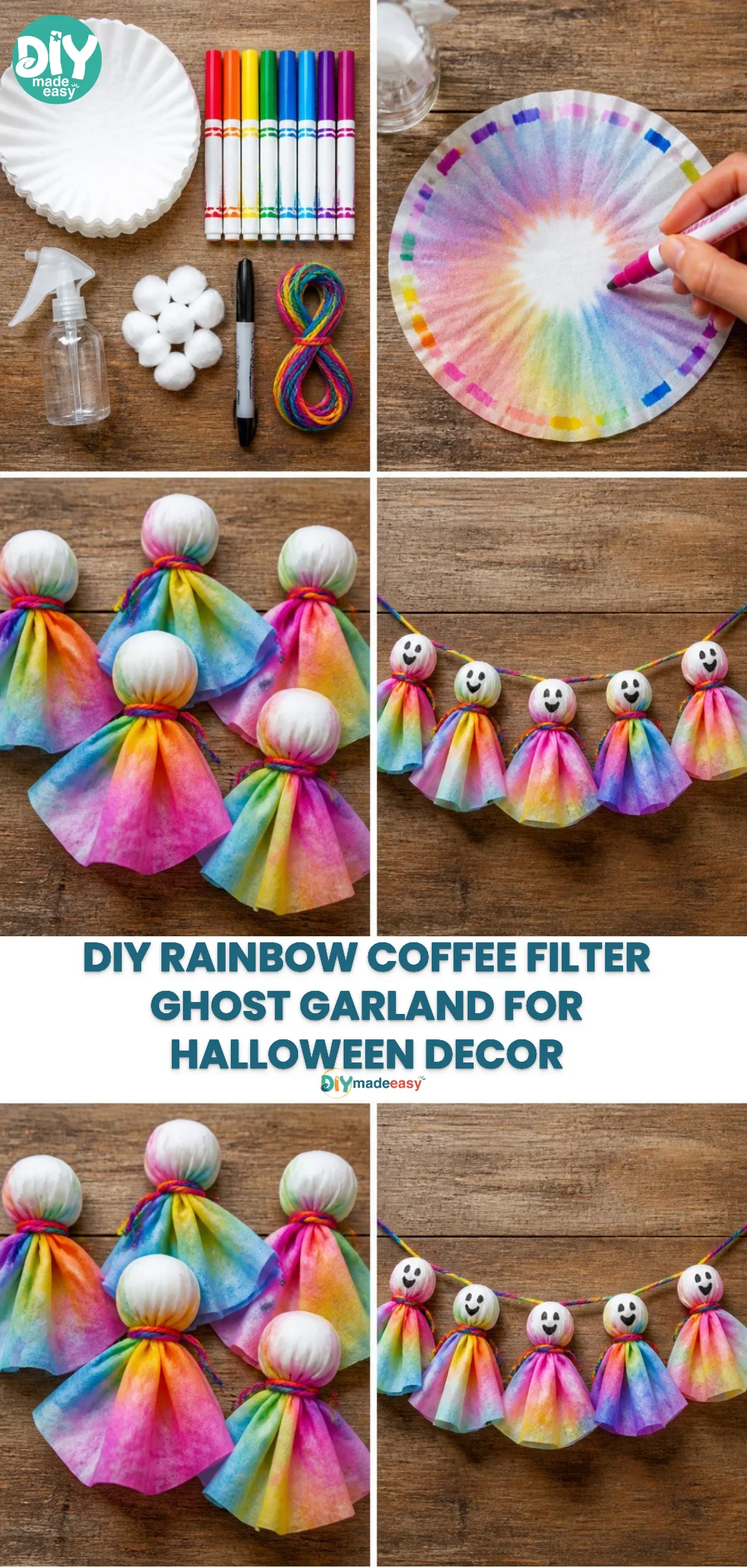 DIY Rainbow Coffee Filter Ghost Garland for Halloween Decor