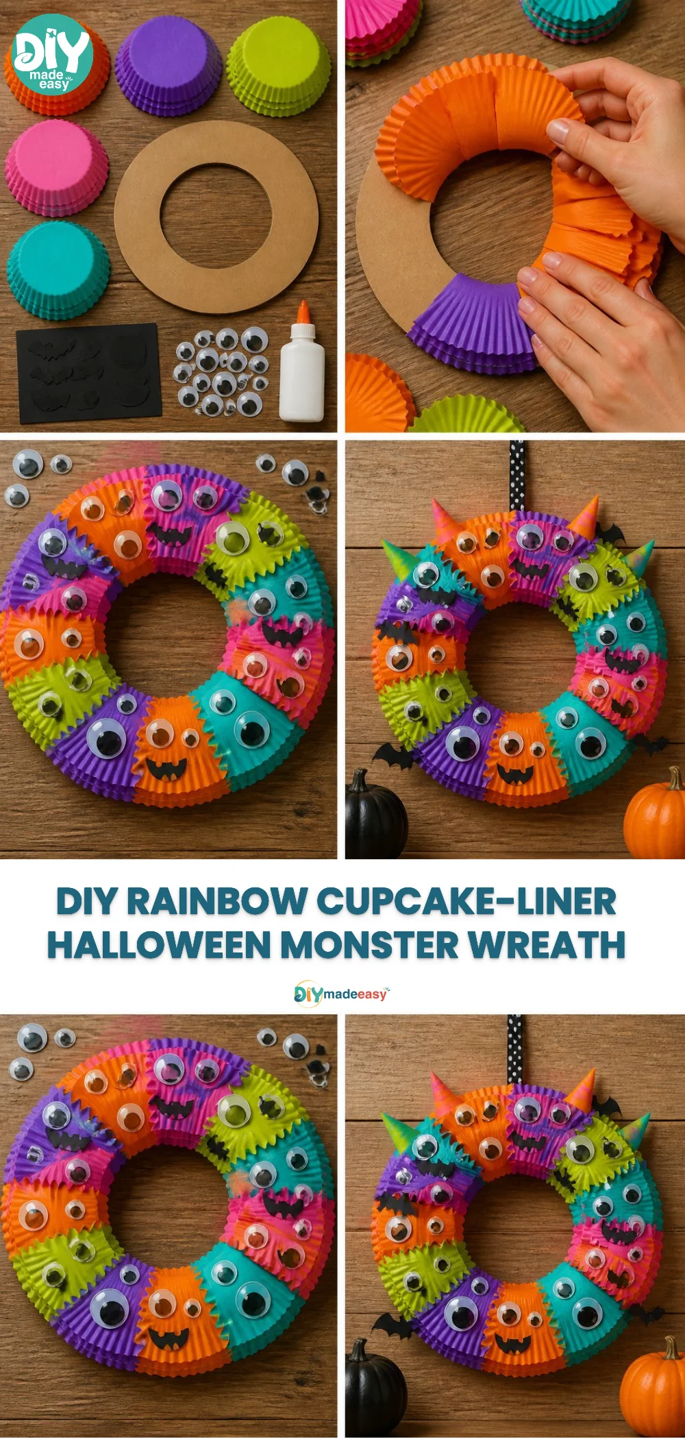DIY Rainbow Cupcake-Liner Halloween Monster Wreath