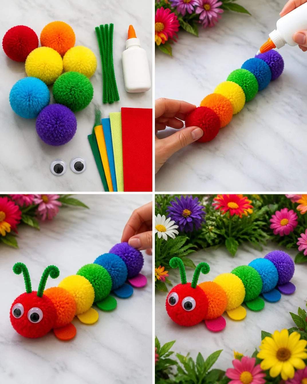 DIY Rainbow Pom-Pom Caterpillar Garden Craft Tutorial 17 DIY Rainbow Pom-Pom Garden Caterpillar Craft