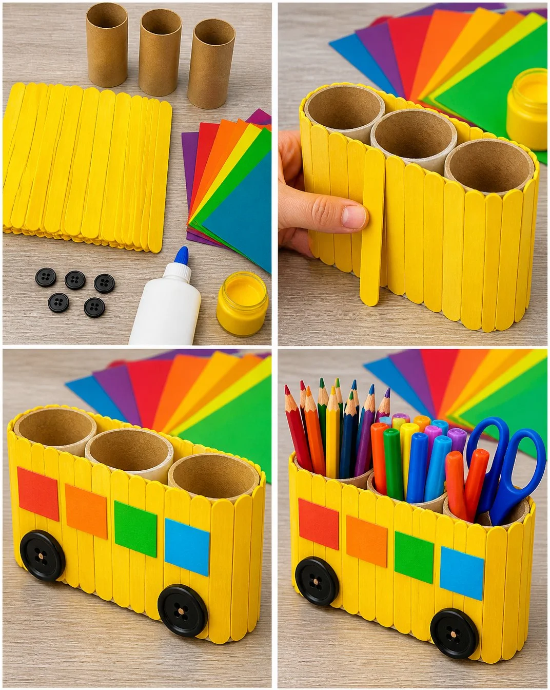 DIY Rainbow Popsicle Stick School Bus Organizer 17 Rainbow Popsicle-Stick School Bus Organizer