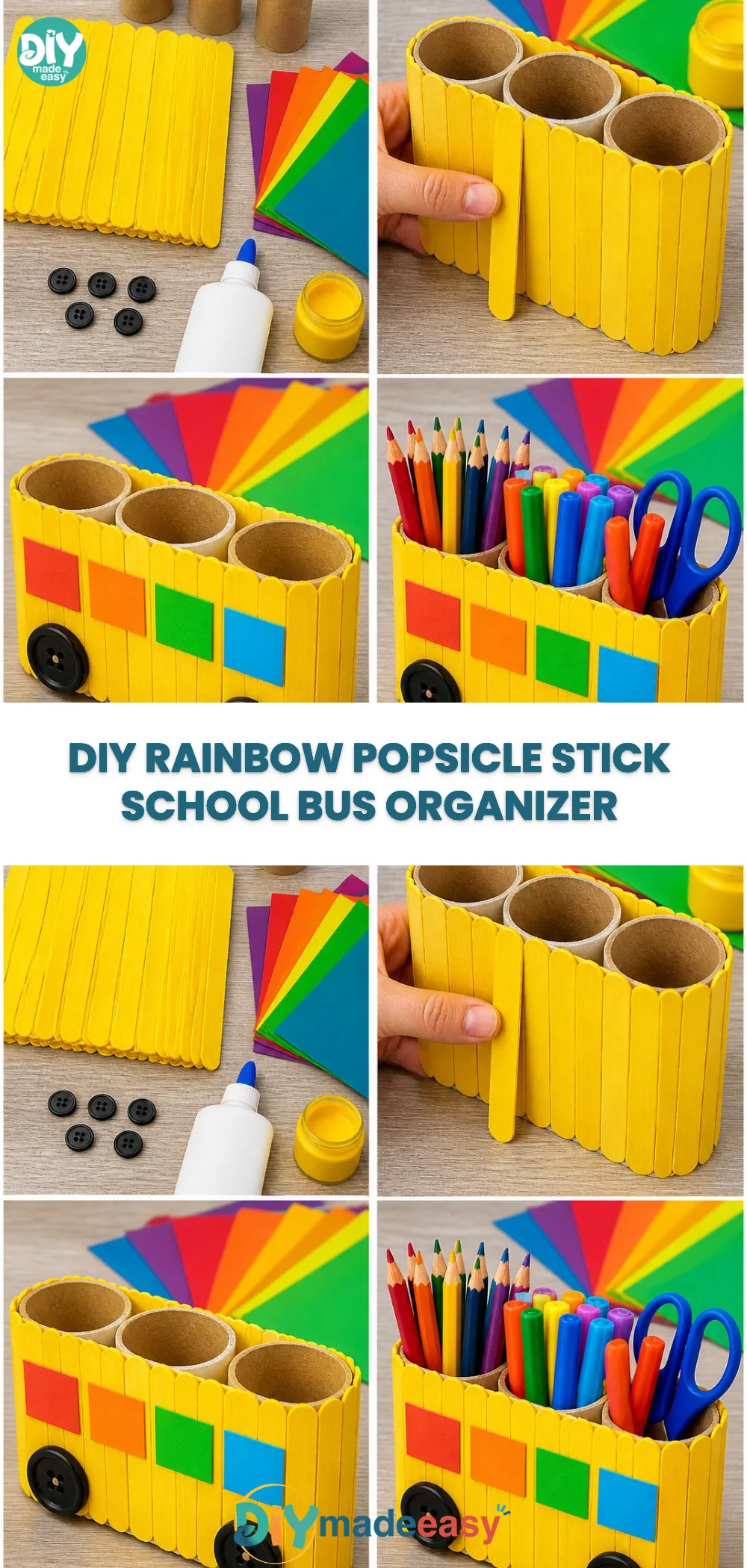 DIY Rainbow Popsicle Stick School Bus Organizer 19 DIY Rainbow Popsicle Stick School Bus Organizer