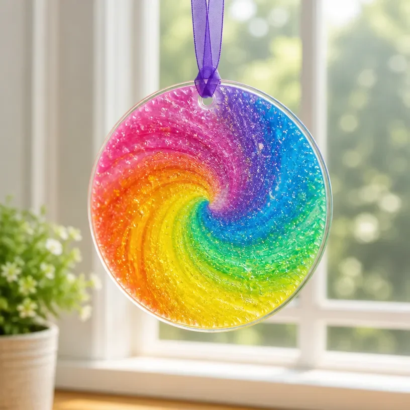 Colorful DIY swirled glue suncatchers hanging in a window
