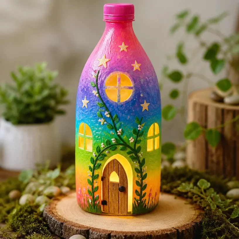 Glowing fairy house in an enchanted garden setting