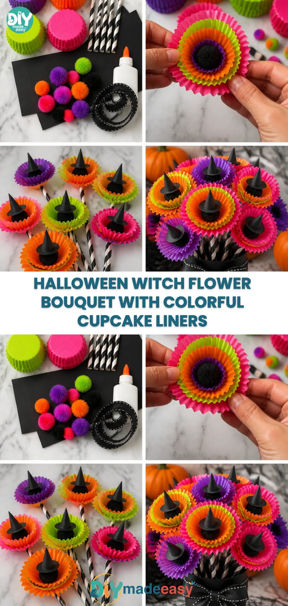 Halloween Witch Flower Bouquet with Colorful Cupcake Liners 21 Halloween Witch Flower Bouquet with Colorful Cupcake Liners