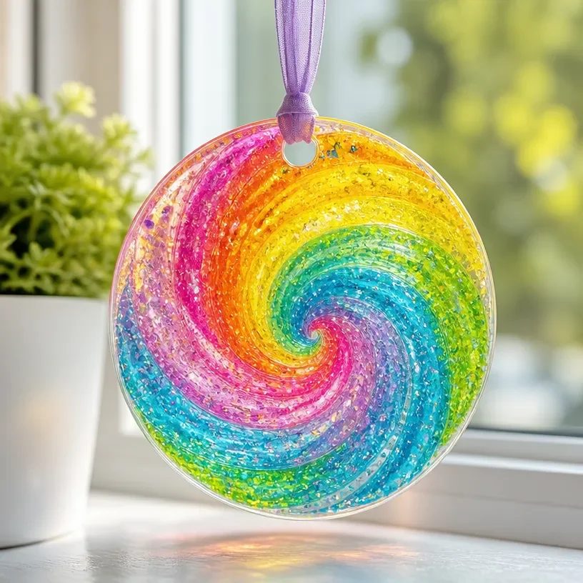 DIY swirl pattern glue suncatchers hanging in a sunny window.
