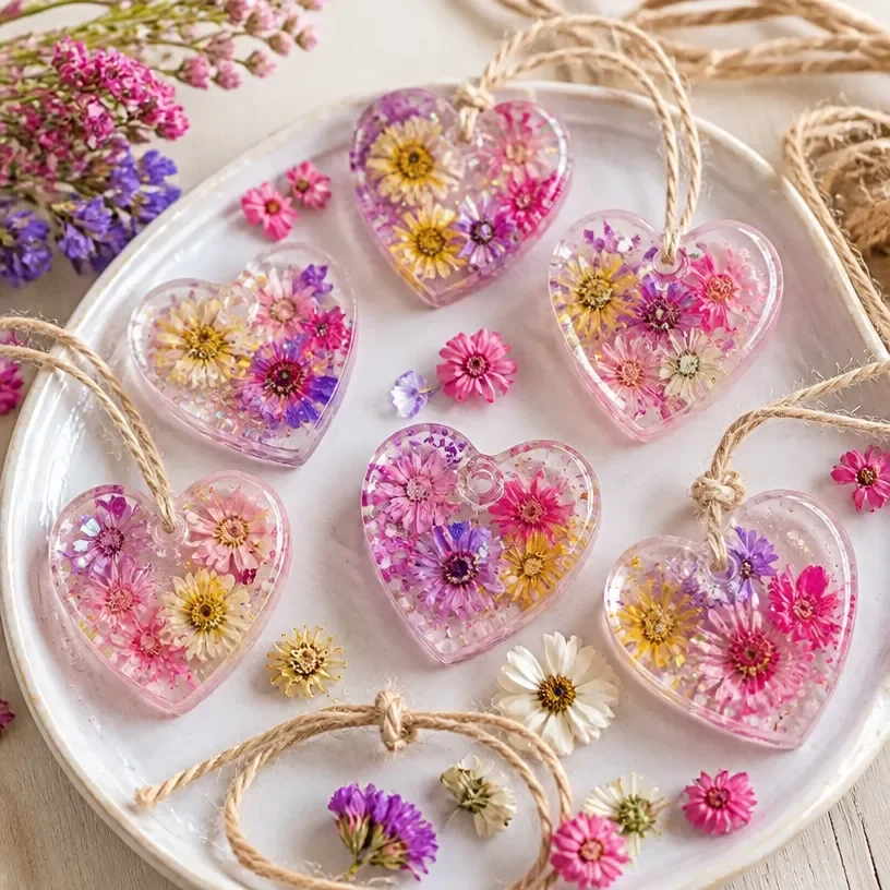 Colorful flower hearts made with clear glue for creative crafts project.