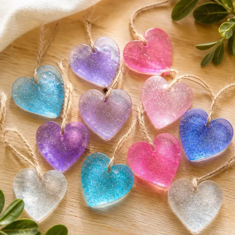 Home 18 DIY transparent cornstarch heart charms tutorial with finished products displayed