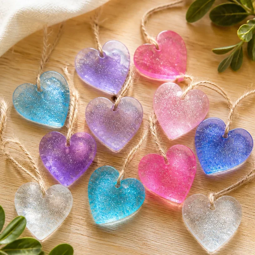 DIY transparent cornstarch heart charms tutorial with finished products displayed
