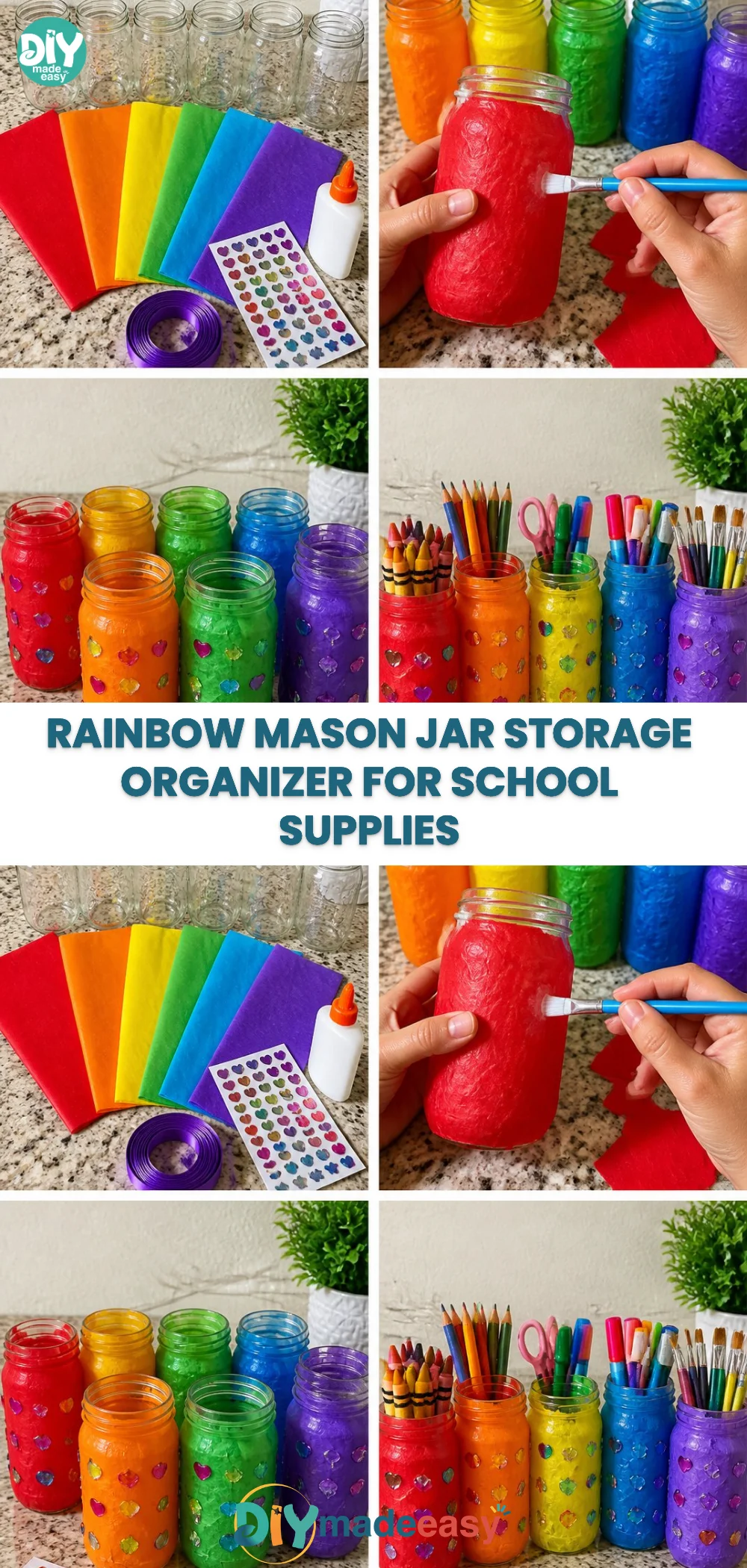 Rainbow Mason Jar Storage Organizer for School Supplies