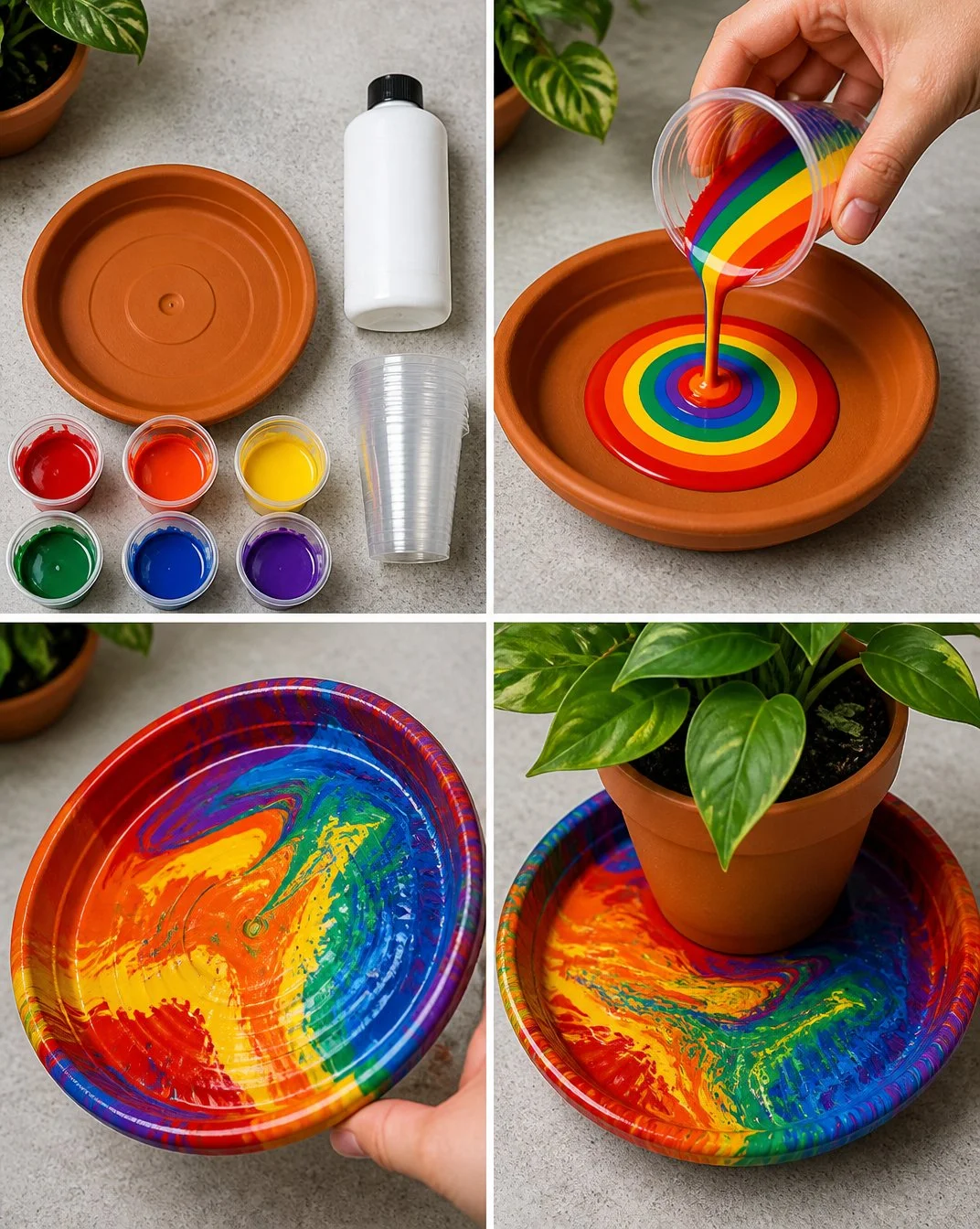 Rainbow Pour-Paint Terracotta Saucer