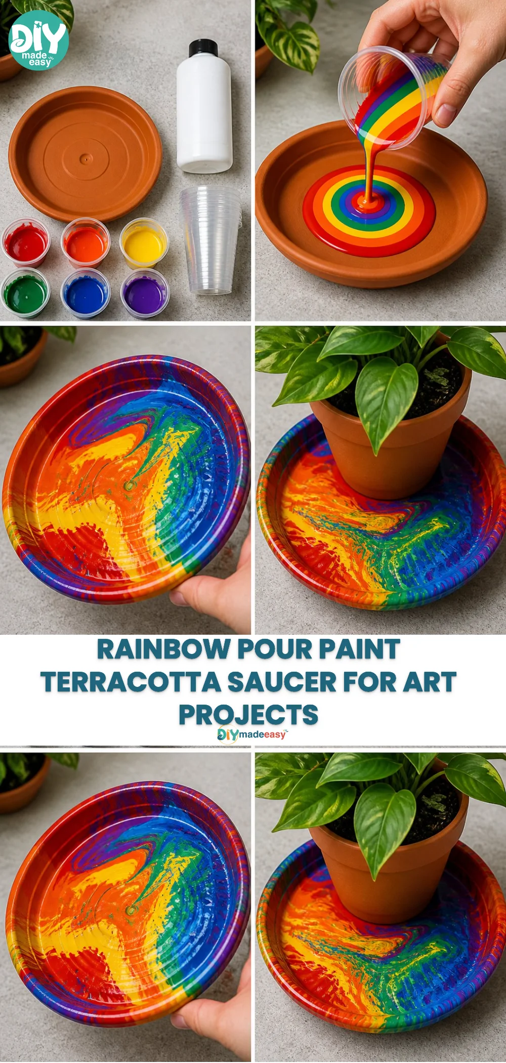 Rainbow Pour Paint Terracotta Saucer for Art Projects