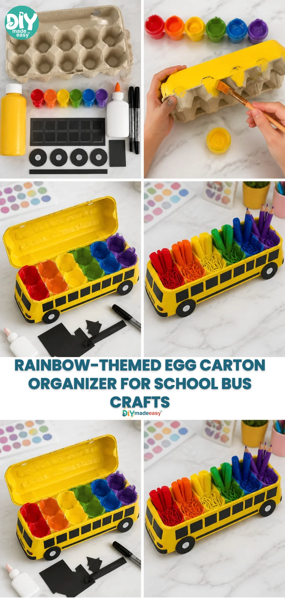 Rainbow-Themed Egg Carton Organizer for School Bus Crafts