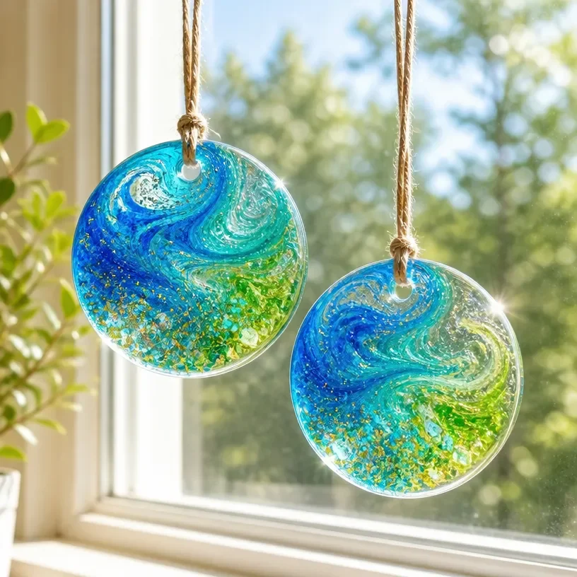 Sea-Themed Swirl Suncatchers for Windows with Glue Art 23 Sea-Themed Swirl Suncatchers with Glue Art for Windows