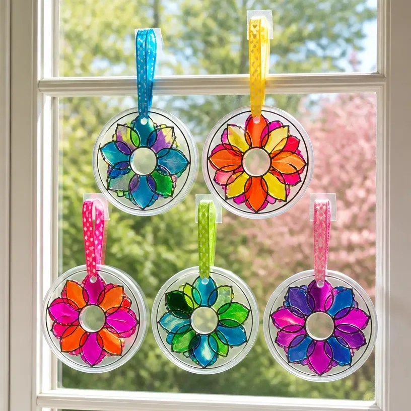 DIY window art created from glass lids, showcasing colorful designs.
