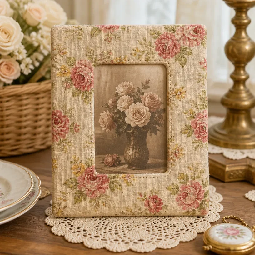 Vintage-inspired fabric-wrapped photo frame for retro home decor