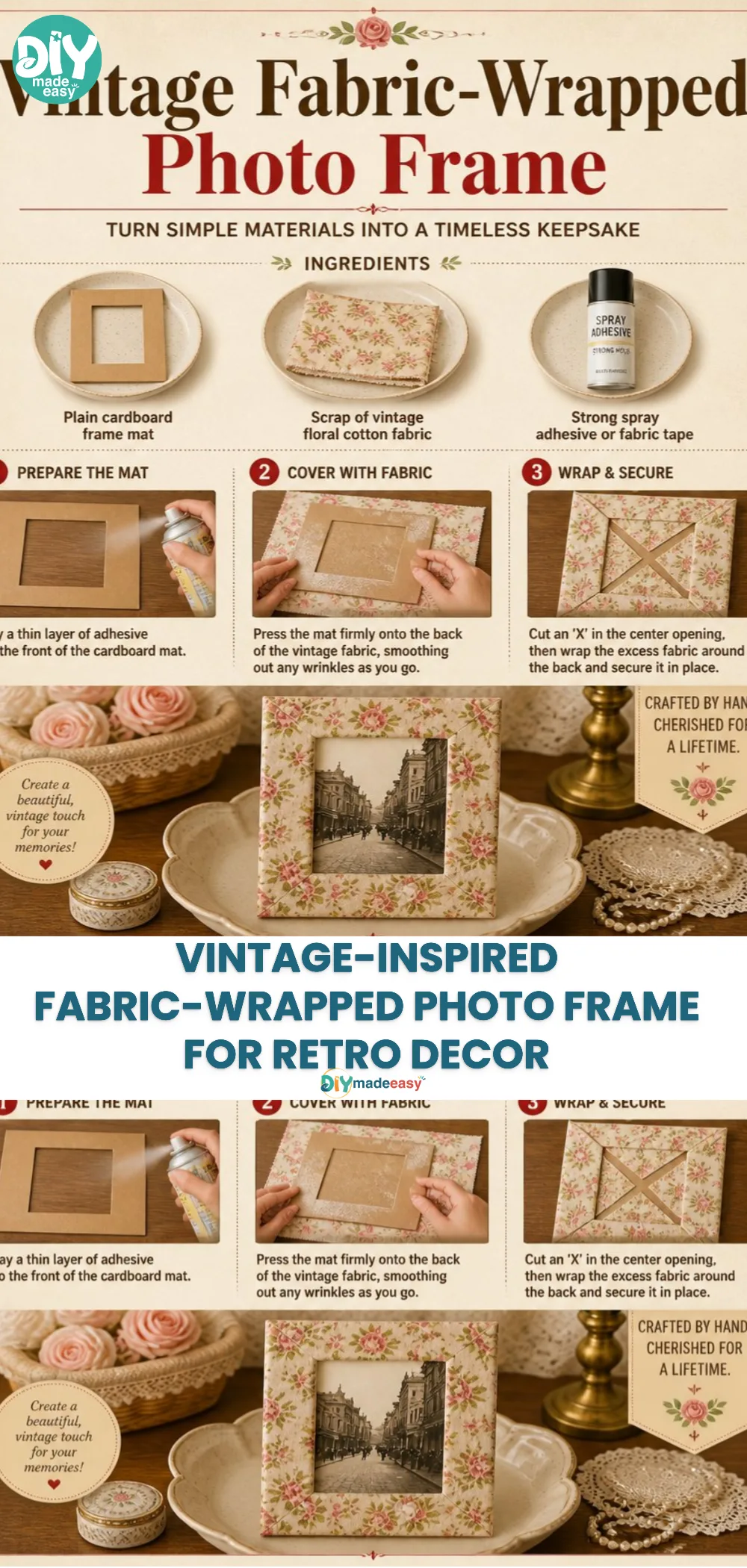 Vintage-Inspired Fabric-Wrapped Photo Frame for Retro Decor